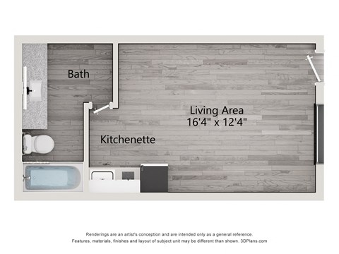 Floor plan for 1 bed, 1 bath, 670 sqft